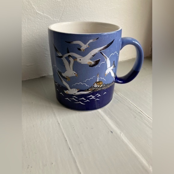 Vintage Otagiri mug THE SEA SEAGULLS bird ocean blue Lighthouse 1980s Ombré - Picture 1 of 7